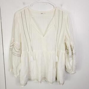 Gap Top Womens Size M Embroidered Tunic Cottagecore V Neck Boho White Peplum